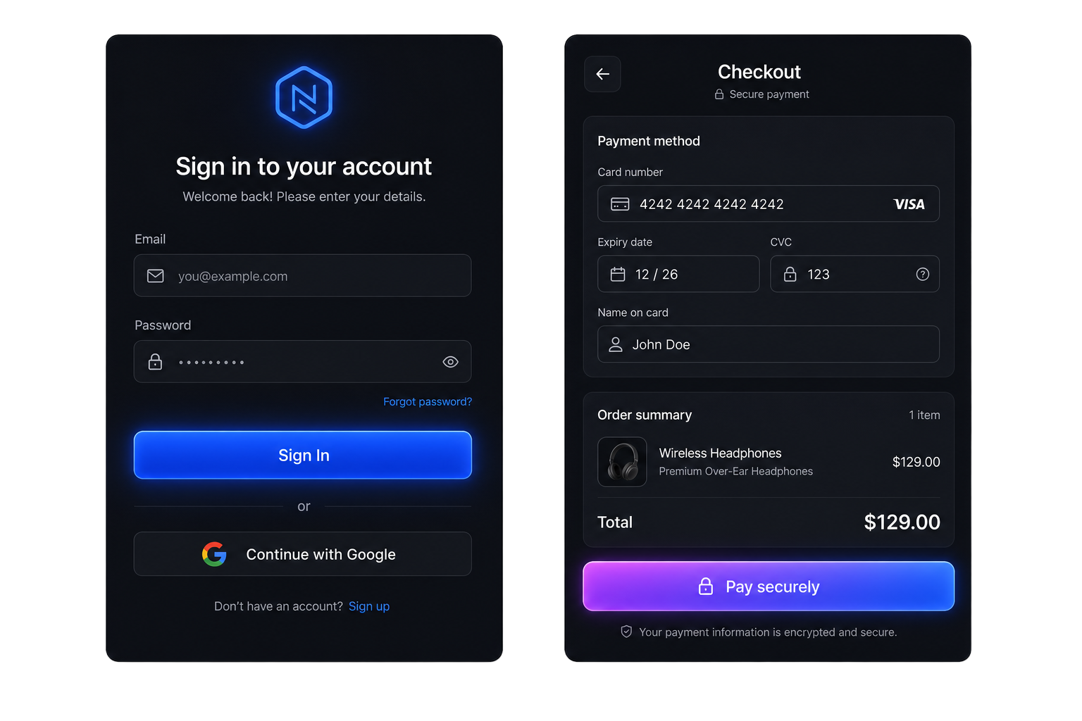 Login and payment screen mockups